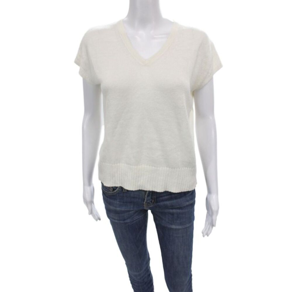 Kinross Women Pullover V-Neck Short Sleeve Linen Ivory Size XS
